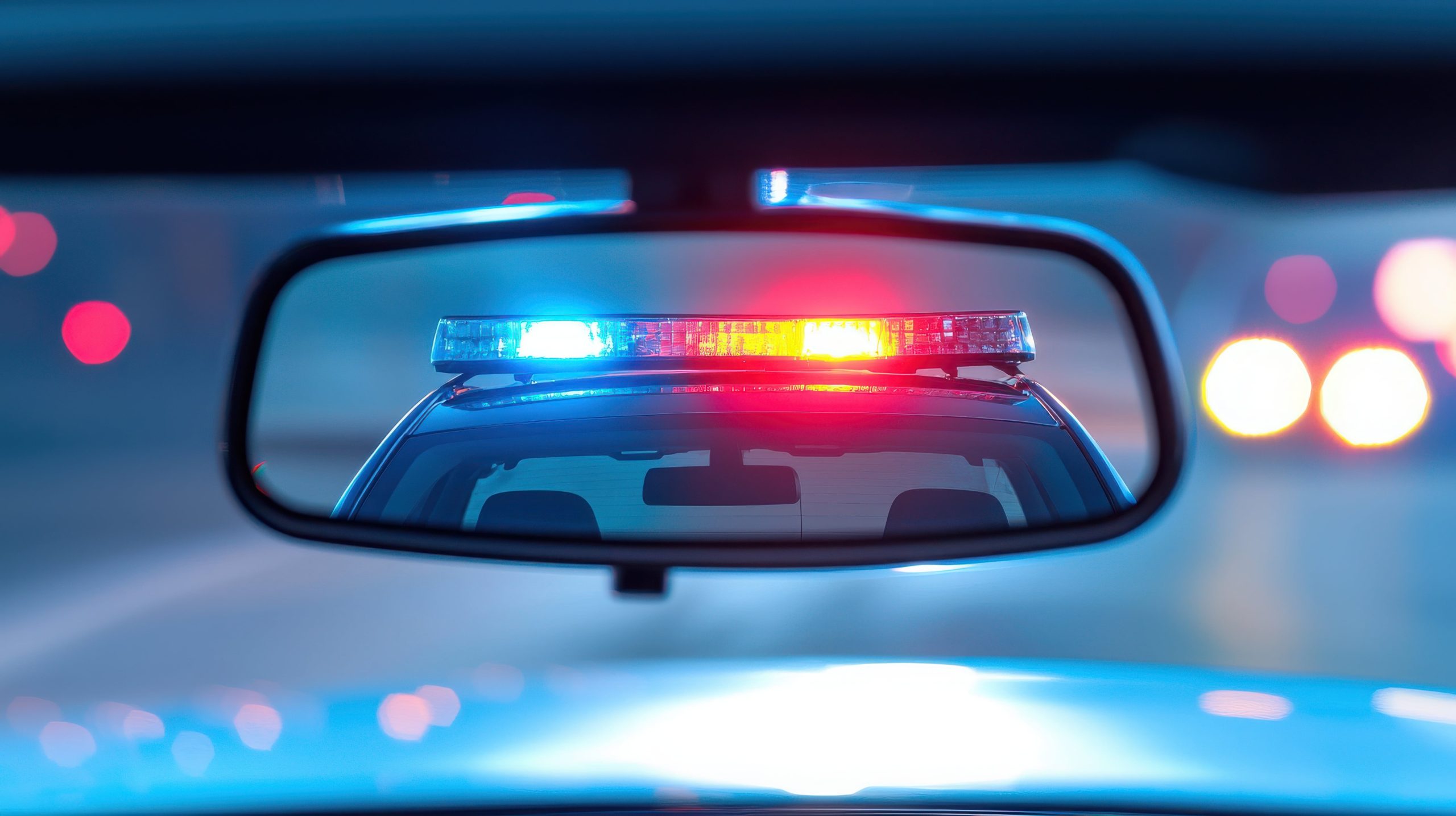 Police in the rear view mirror of a car