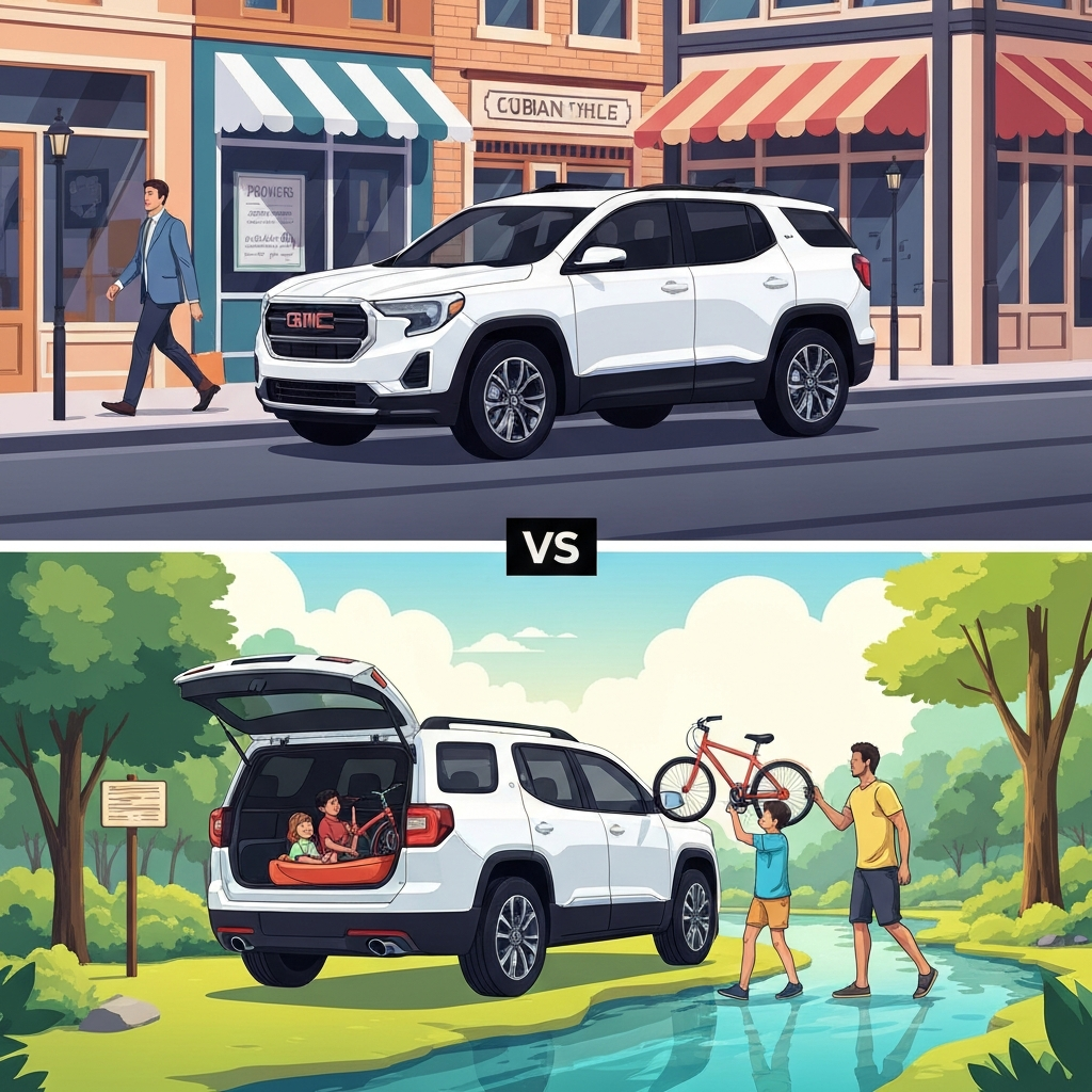 Cartoon image of the GMC Terrain vs GMC Acadia
